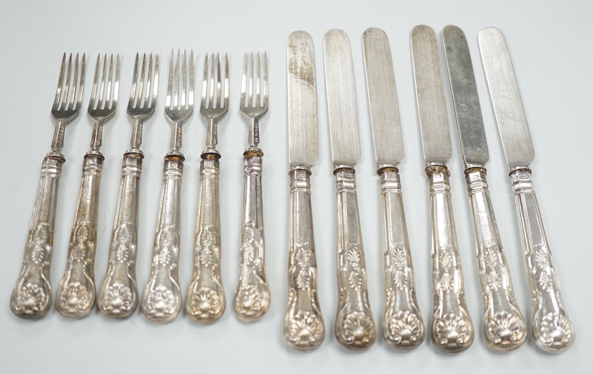 Six pairs of Victorian silver Kings pattern dessert eaters, John Gilbert & Co, Birmingham, 1871, (a.f.)
